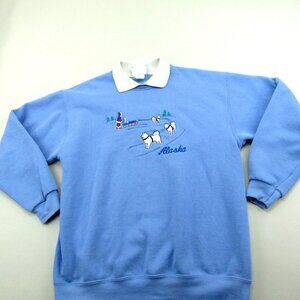 VINTAGE Alaska Sweatshirt Womens Size Large Lee Brand Dog Sledding Blue